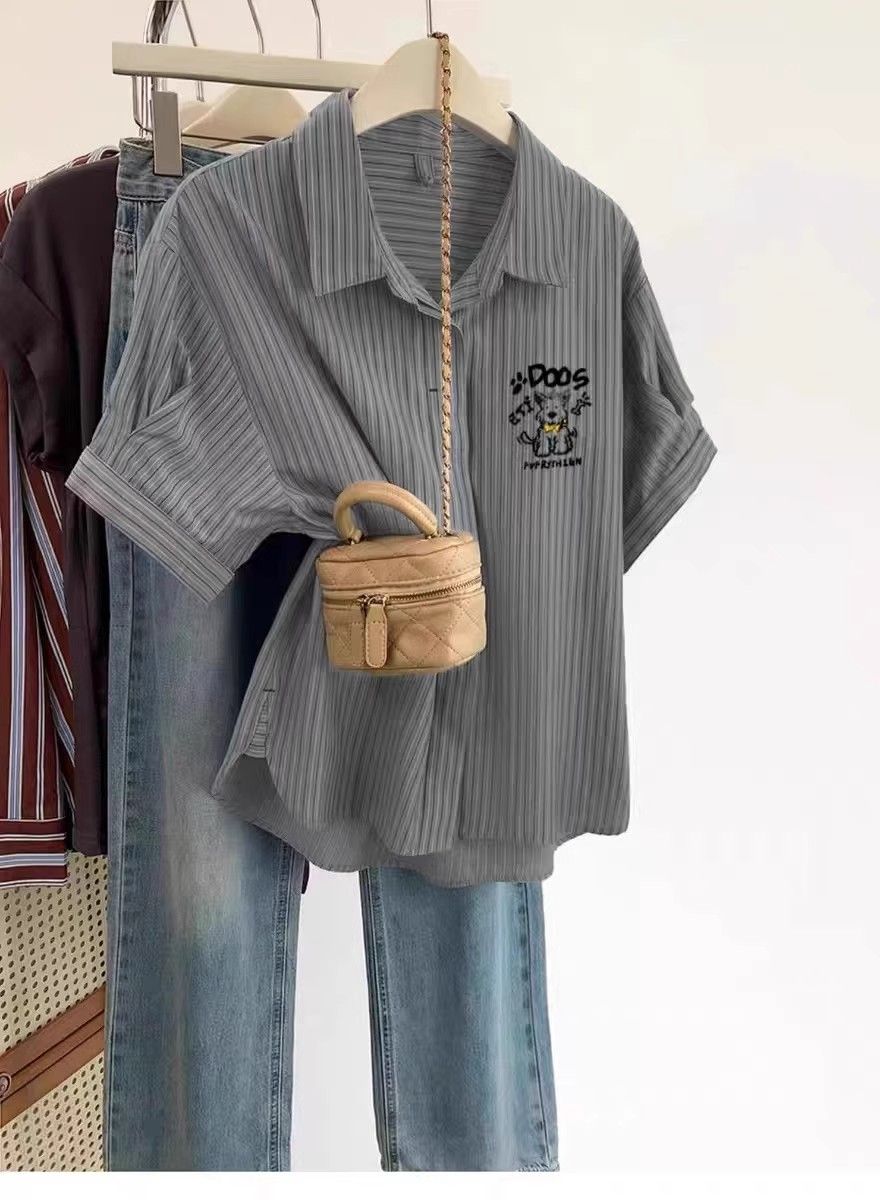 Korean style POLO collar striped shirt for women 2025 new summer shoulder shirt design belly cover top