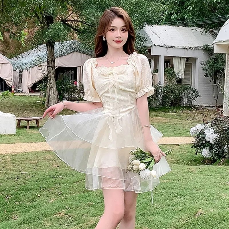 法式茶歇泡泡袖連衣裙女夏季小個子超仙公主甜美收腰蓬蓬蛋糕裙女