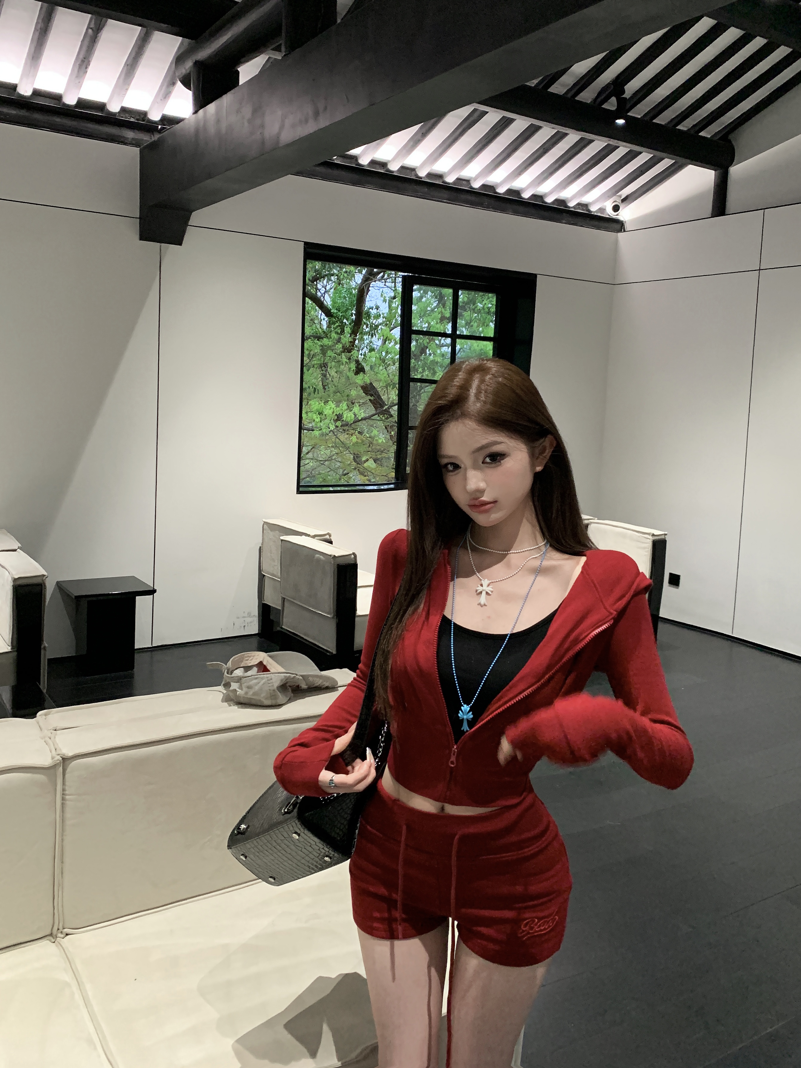 Real shot!  Sexy hot girl suits for women hooded jacket tops for high waist shorts casual two-piece set