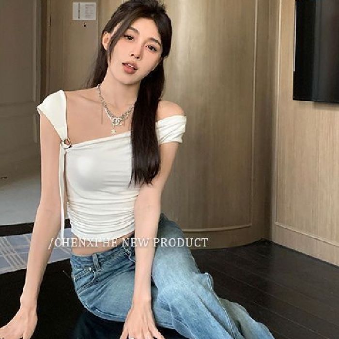 Design-shoulder one-length silver button top for women's summer niche hot girl pure slim fit short vest