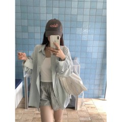 含棉梭織 ins韓系條紋襯衫女設計感休閒寬鬆襯衣防曬外套