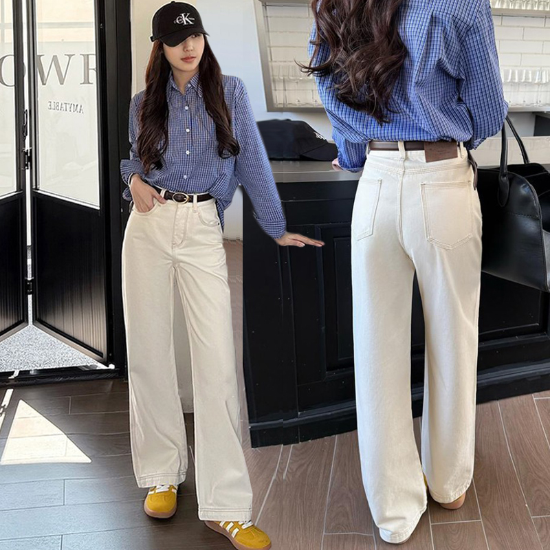 Off-white high-waist straight-leg jeans for women in spring and summer 2025 new style small loose washable wide-leg pants