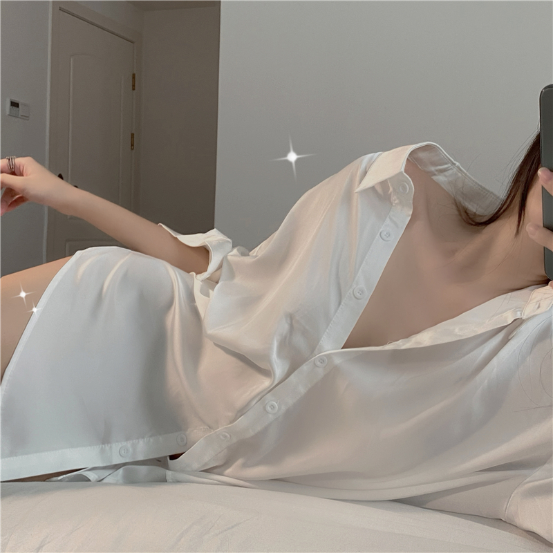 Real photo of sexy pajamas, ice silk large size boyfriend style shirt, seductive nightgown, mid-length style, can be worn outside home clothes