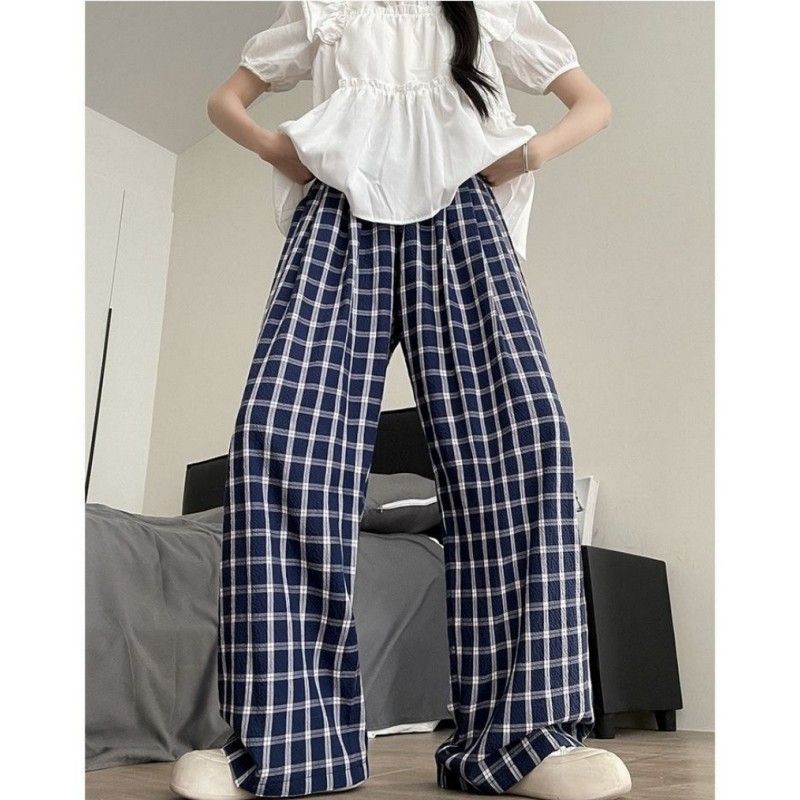 2025 plaid pants for women in summer new high-waist straight-leg pants casual small loose thin draped wide-leg pants