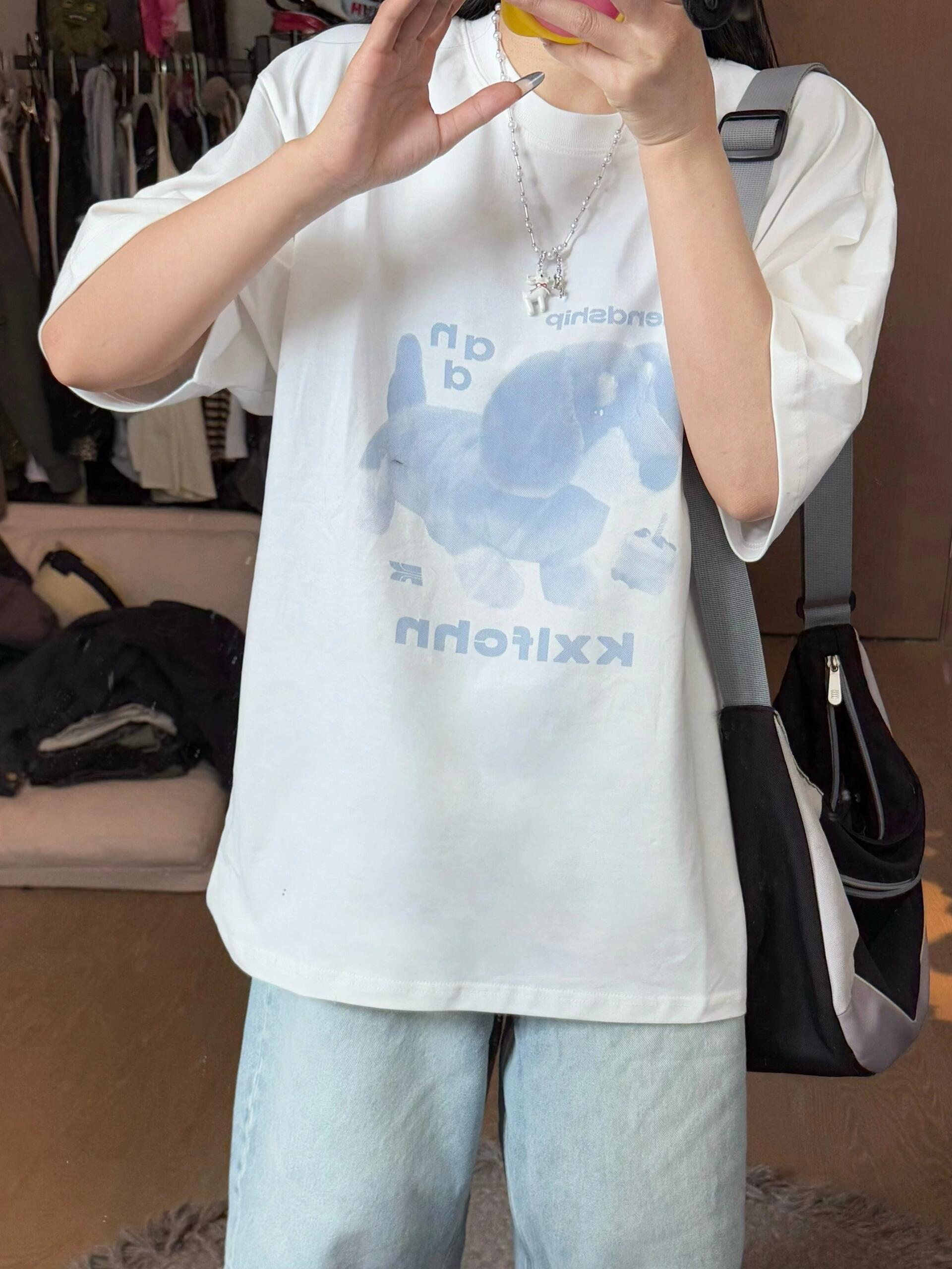 200g combed and tight spun in 2025, pure cotton back bag strip, spring and summer loose shoulder printed short-sleeved T-shirt