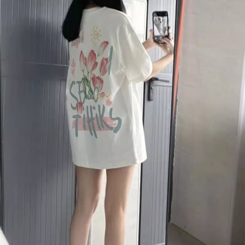 200g pure cotton 2025 new summer large size loose mid-length dress fat mm short-sleeved T-shirt skirt for women