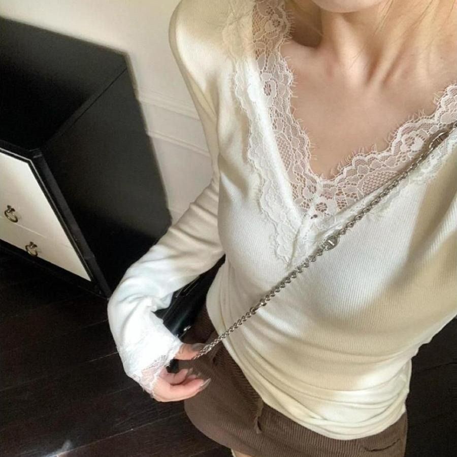 韓系V領蕾絲拼接針織T恤女秋冬修身顯瘦打底衫上衣
