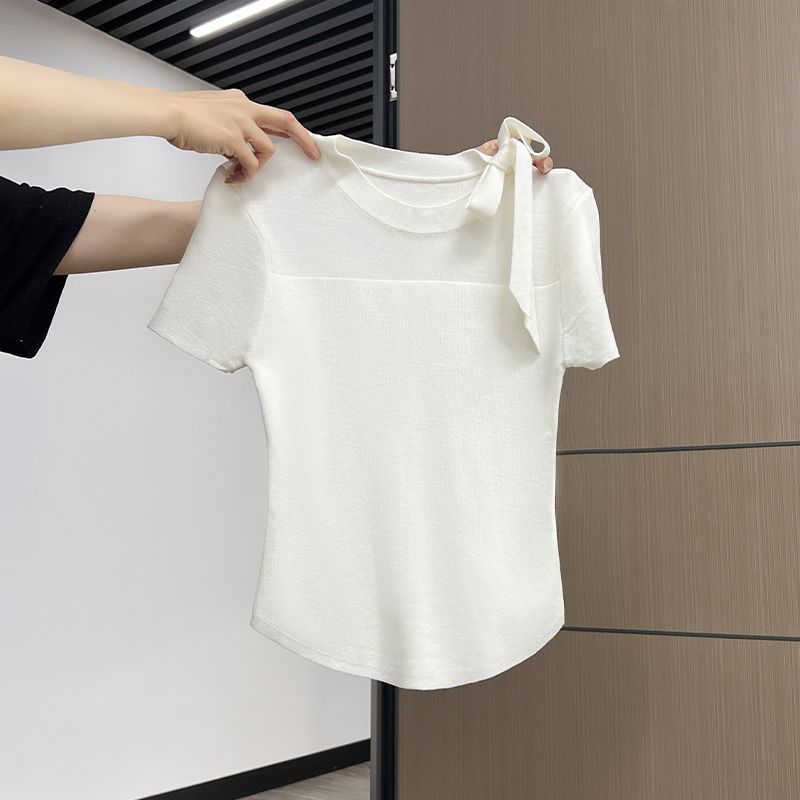 New pure and delicate mesh short-sleeved sweater for women in summer new high-end lace-up slim-fit T-shirt for women
