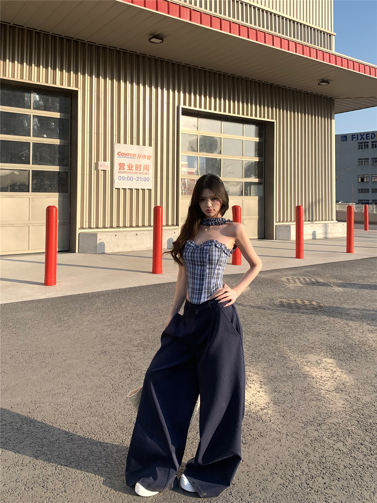 Real shot!  Retro hot girl fish bone waist plaid strapless women high waist wide-leg casual pants bra two-piece set