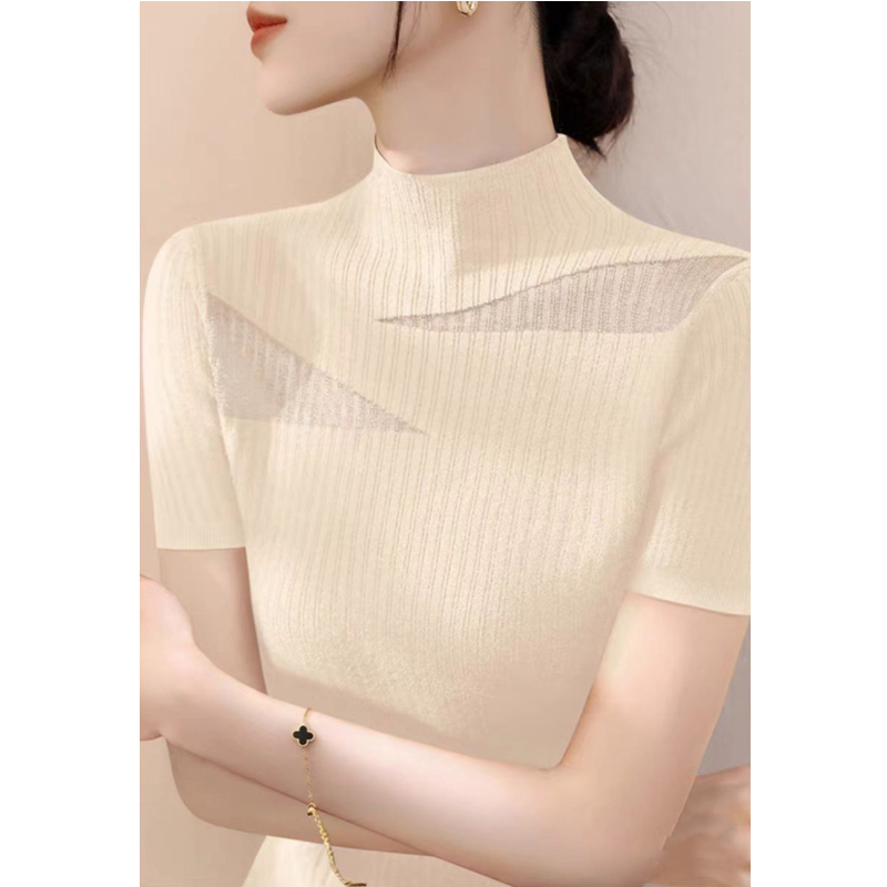New Korean style summer style half-high neck hollow mesh pit strip versatile short-sleeved top for women