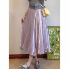 Pink and purple flower buds fluffy gauze skirt half-body midi skirt for women 2025 spring new draped slim A-line cake skirt