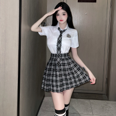 Real photos COS college style JK student uniform suit Japanese pure art photo shirt with plaid skirt