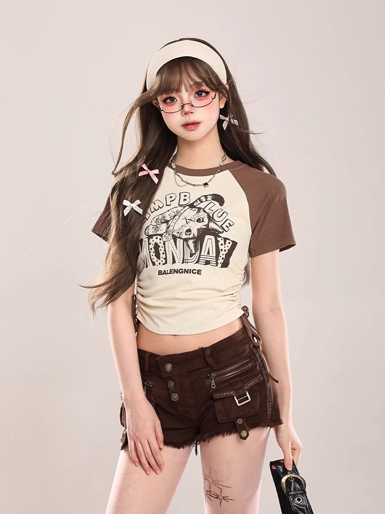 Official image imitation cotton 40 1*1 new summer slim slim strap drawstring design T-shirt for women