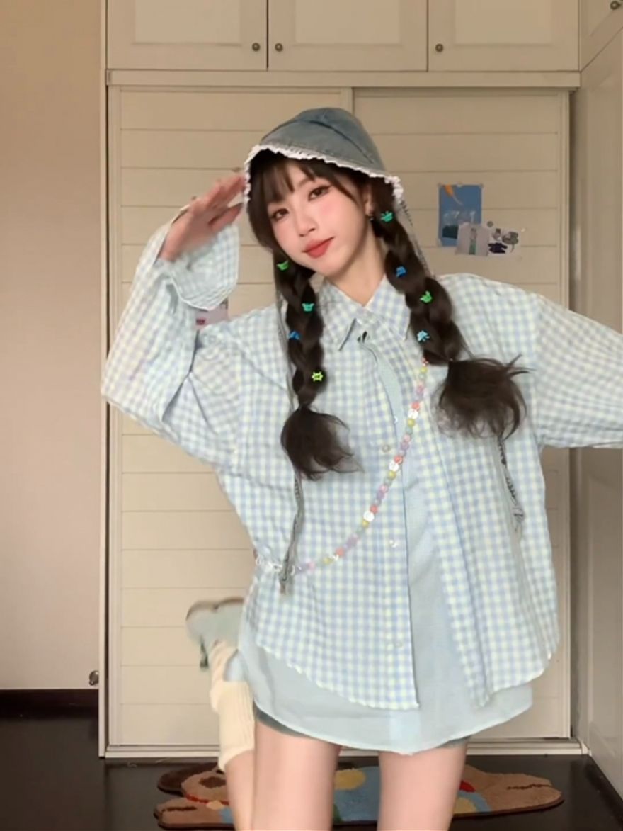 假兩件藍色拼接格子襯衫男女秋寬鬆防曬上衣外套長袖甜美百搭襯衣