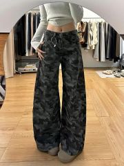 迷彩高腰闊腿牛仔褲女寬鬆顯瘦設計感墜感拖地長褲