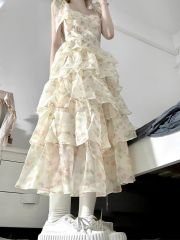 French sweet bow tied floral dress for women in summer 2025 new slim cake skirt fairy skirt