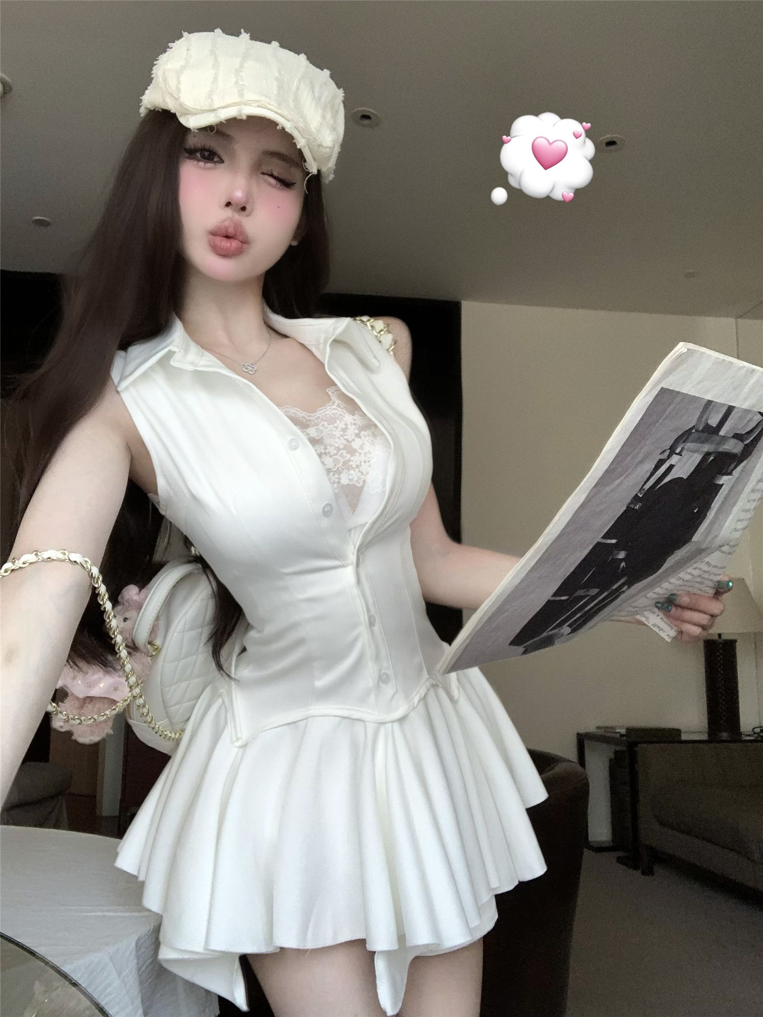 Real shot!  White shirt dress dress Female temperament French pure waist skirt A-line sleeveless skirt