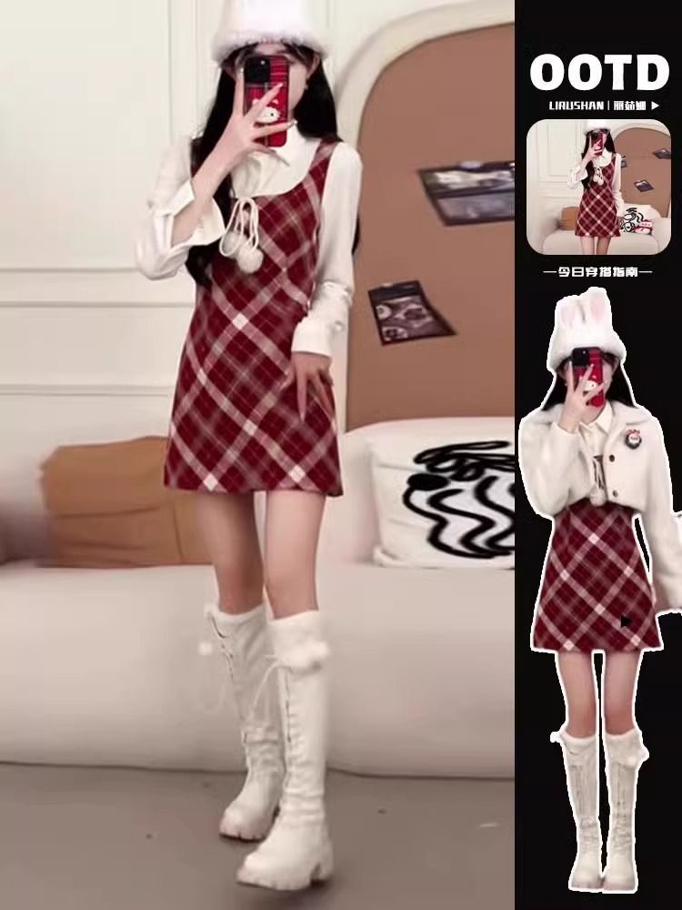 學院風紅色連衣裙2025新款秋冬季女裝法式氣質短裙套裝