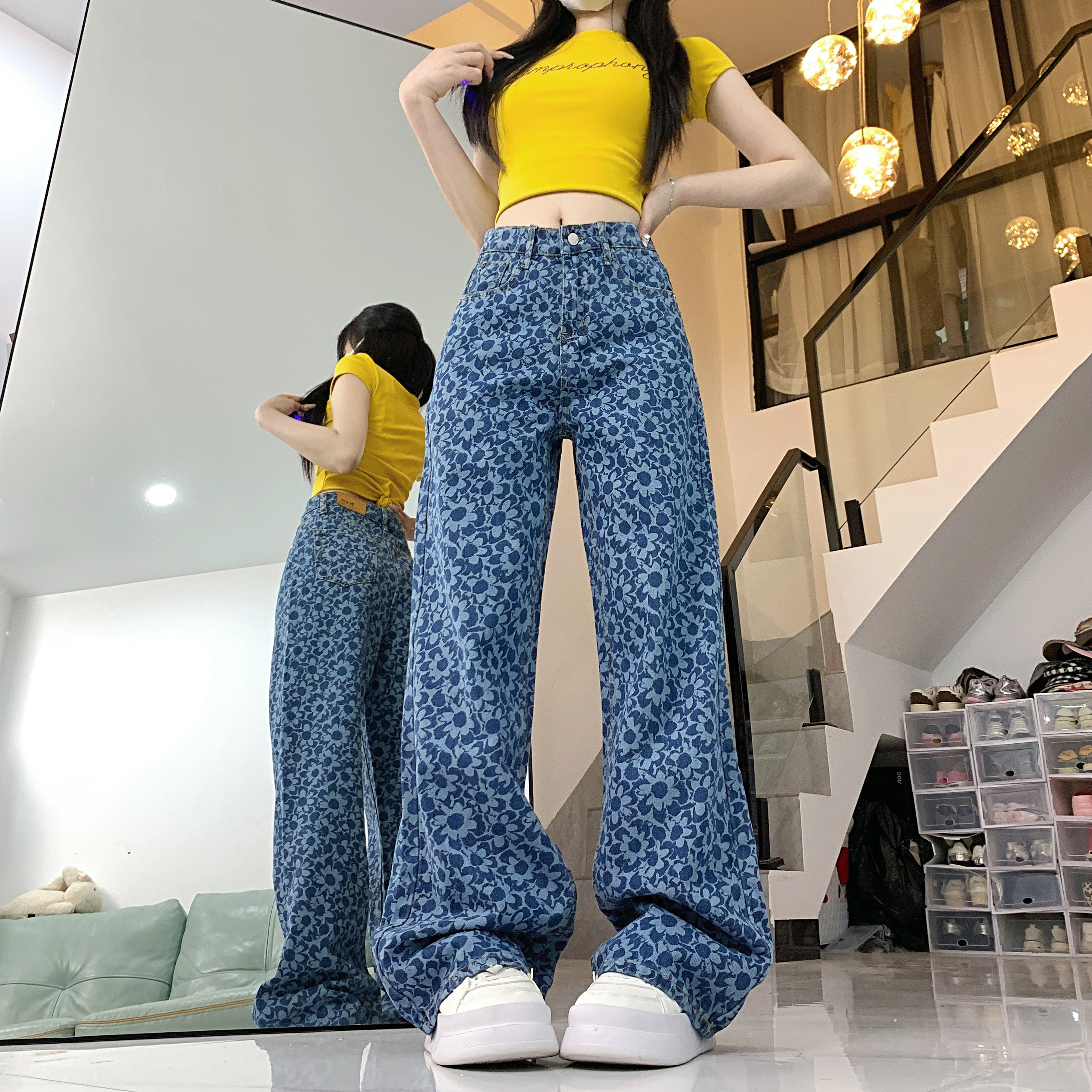 實拍復古小香風印花藍色牛仔褲女春夏氣質高腰顯瘦闊腿直筒休閒褲