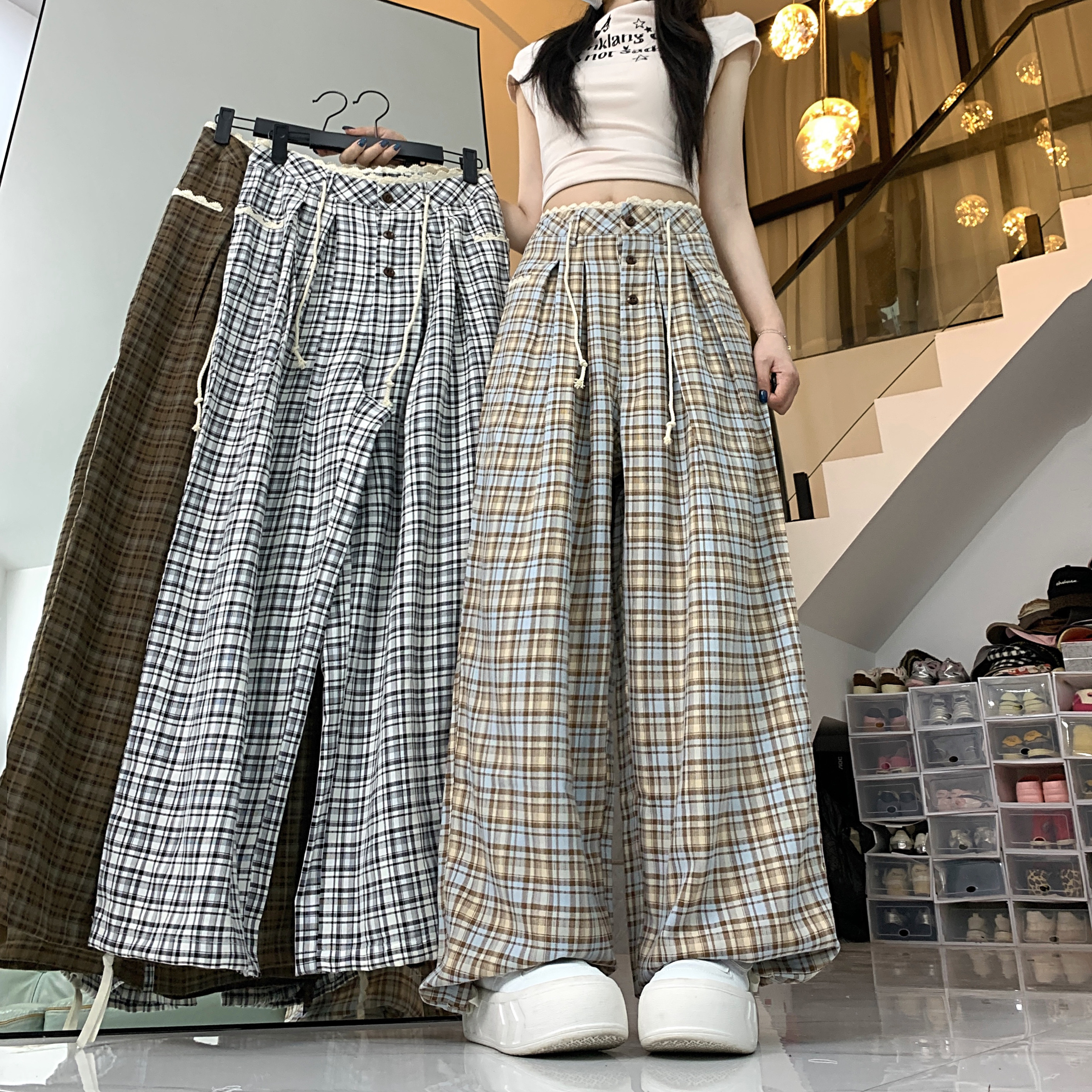 實拍復古日系蕾絲拼接格紋慵懶休閒褲女夏季腰繩寬鬆垂感顯瘦長褲