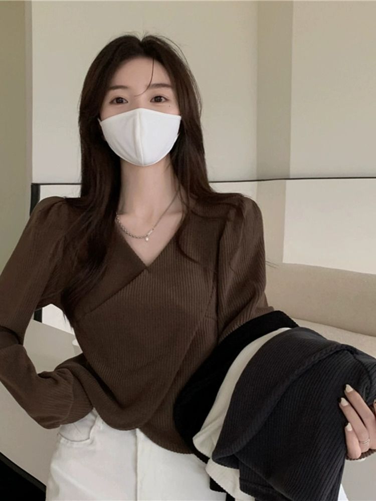 t恤女早秋韓系時髦內搭修身打底衫長袖短款獨特别致小上衣