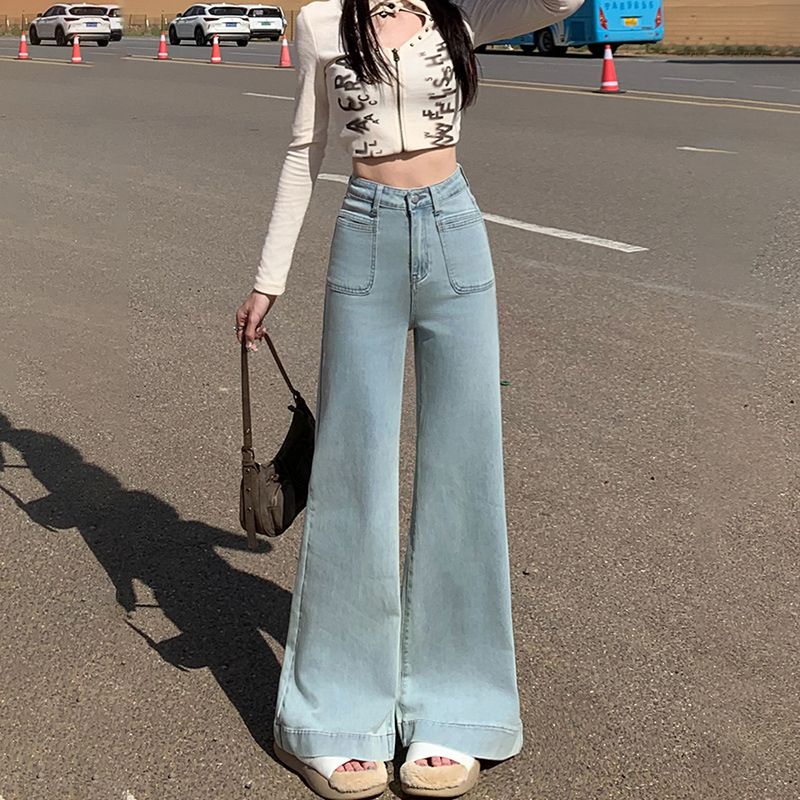 Lazy style wide-leg jeans for women in spring and autumn new high-waisted slim and loose floor jeans trendy