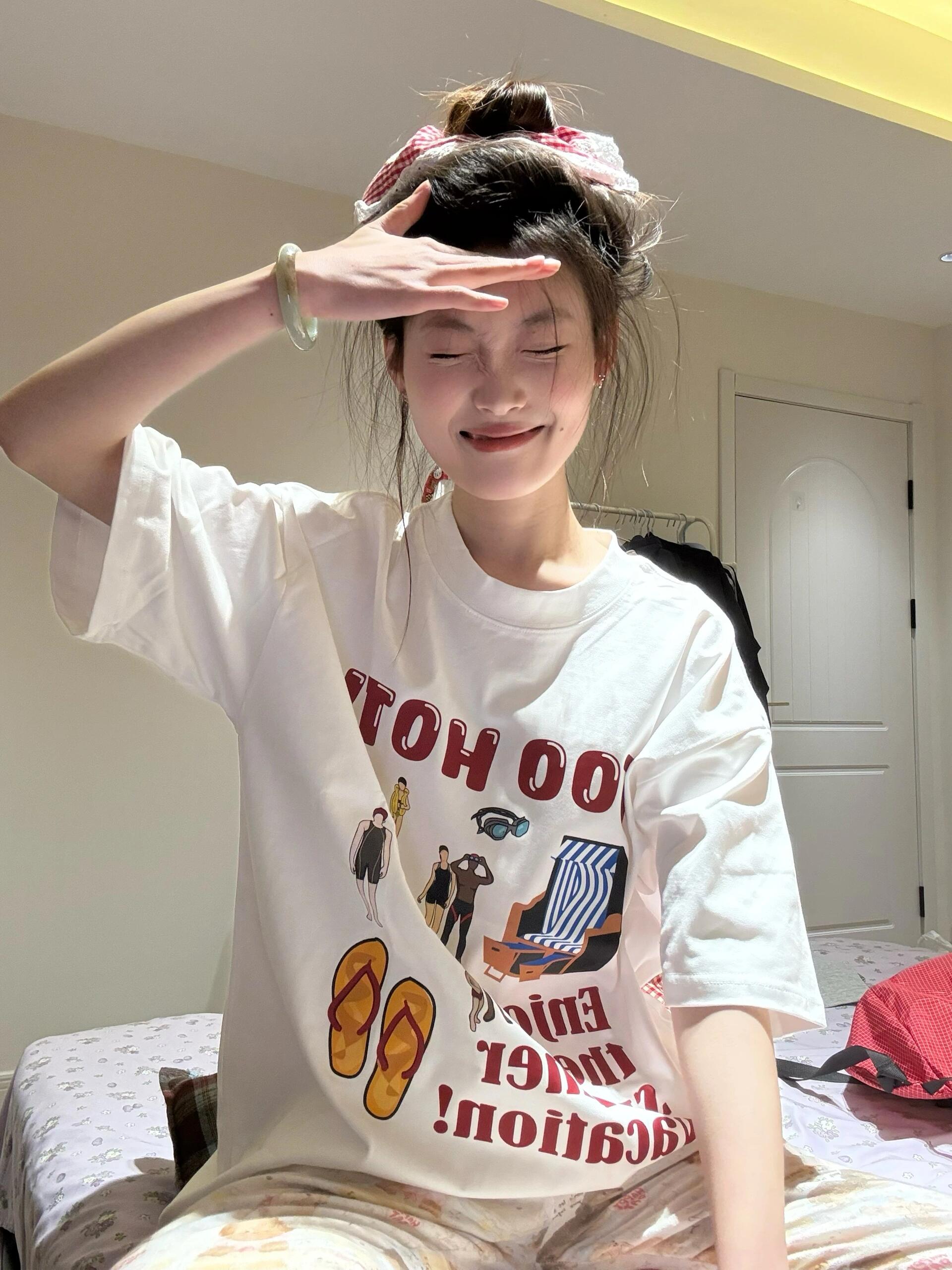 200g combed and tight spun in 2025, pure cotton back bag strip, spring and summer loose shoulder printed short-sleeved T-shirt