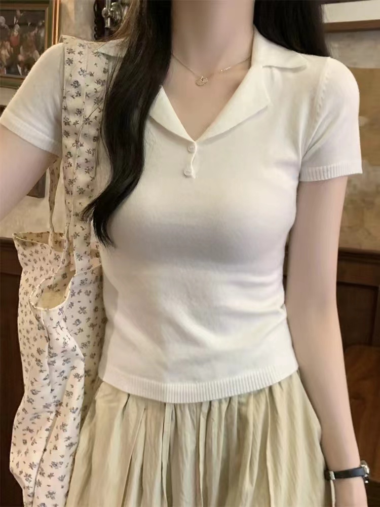 設計感翻領t恤女夏季新款絕美別致針織短袖修身顯瘦polo小衫上衣
