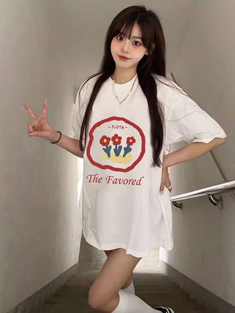 200g pure cotton 2025 new summer large size loose mid-length dress fat mm short-sleeved T-shirt skirt for women