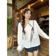 實拍韓系蝴蝶結系帶翻領襯衫女2025年春季新款小眾別致長袖上衣