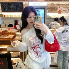 Snowflake linen thin graffiti print off-shoulder long-sleeved T-shirt summer white sunscreen blouse loose casual top