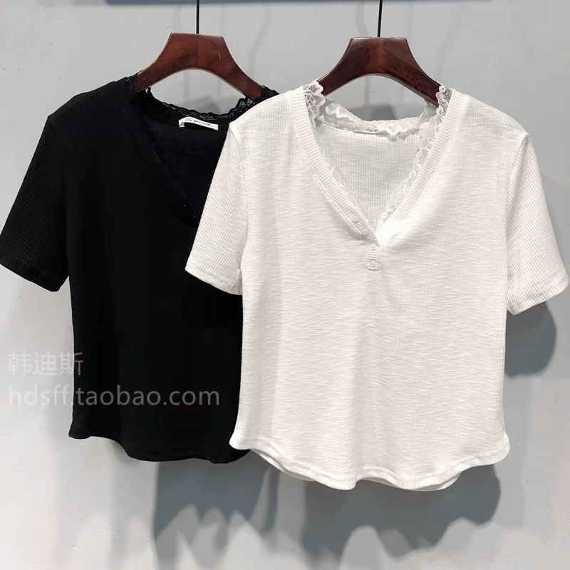 2025 spring and summer new lace V-neck thread short sleeve T-shirt short top for women