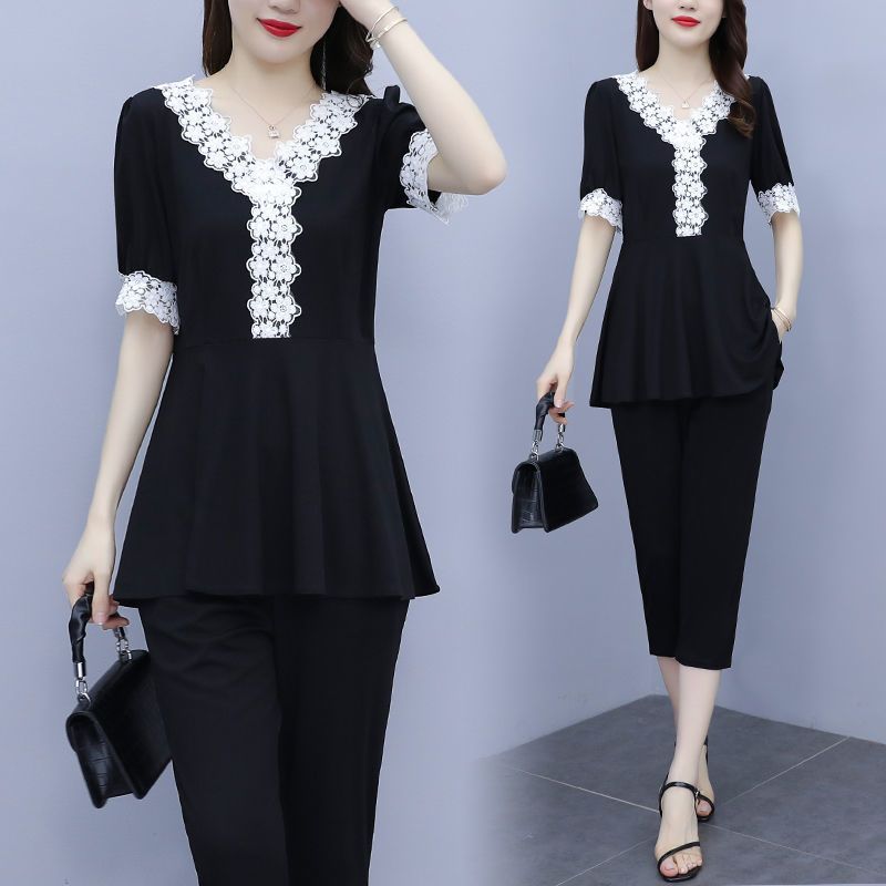Fashionable large size fat mm suit for women in summer temperament belly-covering lace lace top two-piece set