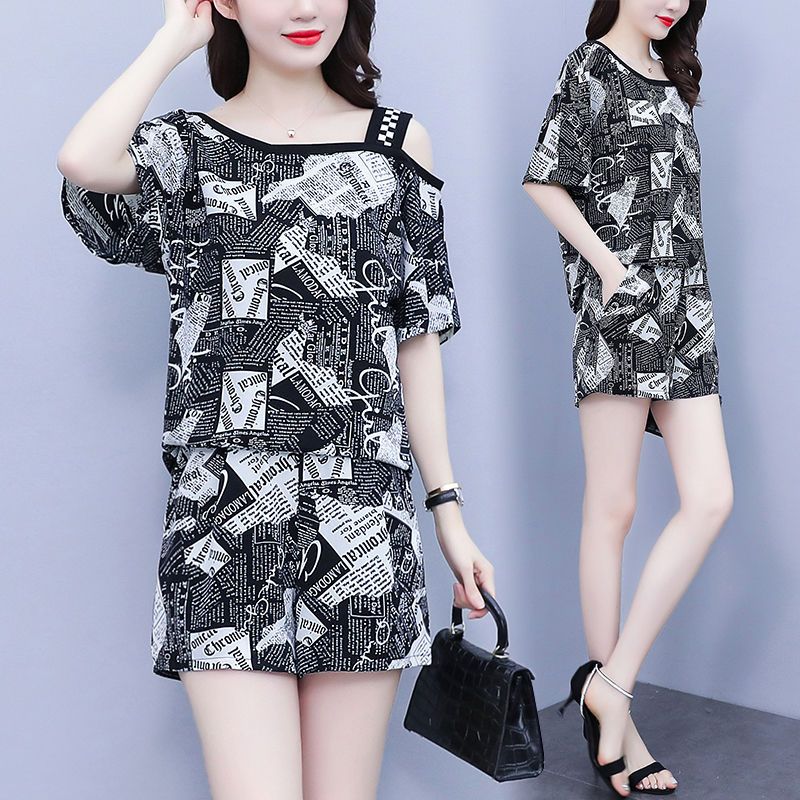 2025 Fat mm Large Size Fashion Temperature Set for Women's Summer New Off-Shoulder Print Loose Two-Piece Set