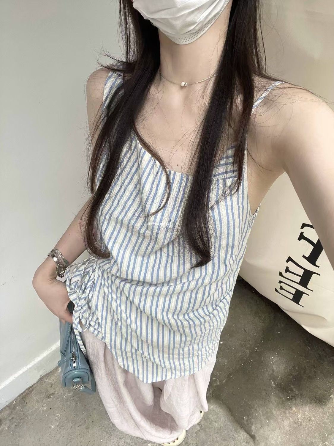 夏季新款小眾設計感不規則條紋學院風寬鬆綁帶無袖背心吊帶上衣女