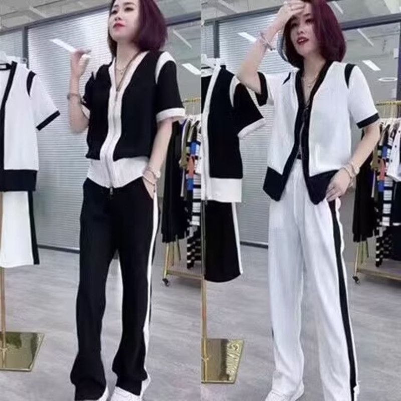 Internet celebrity 2025 summer new fashion suit for women color-blocking double zipper short-sleeved top wide-leg pants two-piece set
