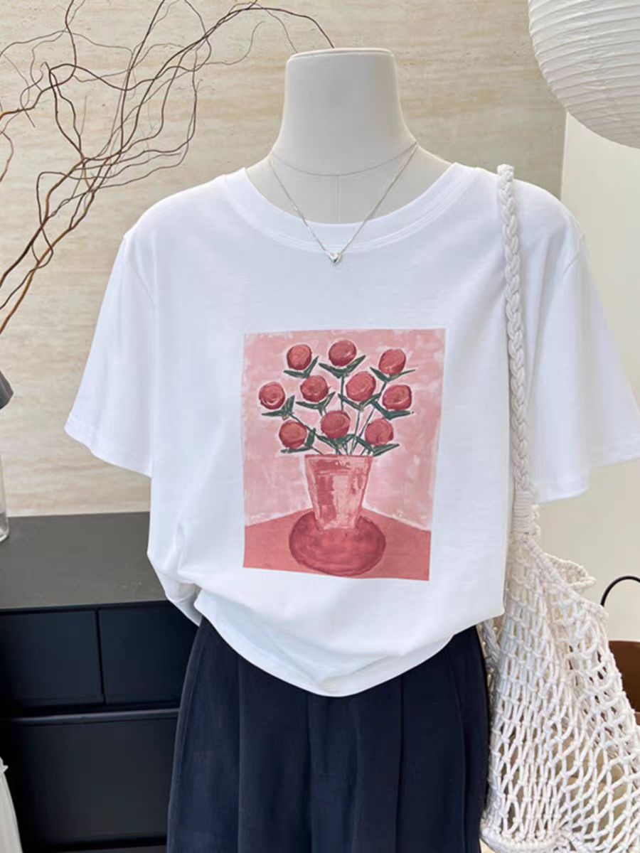 200g combed and tight spun in 2025, pure cotton back bag strip, spring and summer loose shoulder printed short-sleeved T-shirt