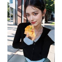 早秋假兩件短款長袖T恤開衫上衣女小眾設計感修身