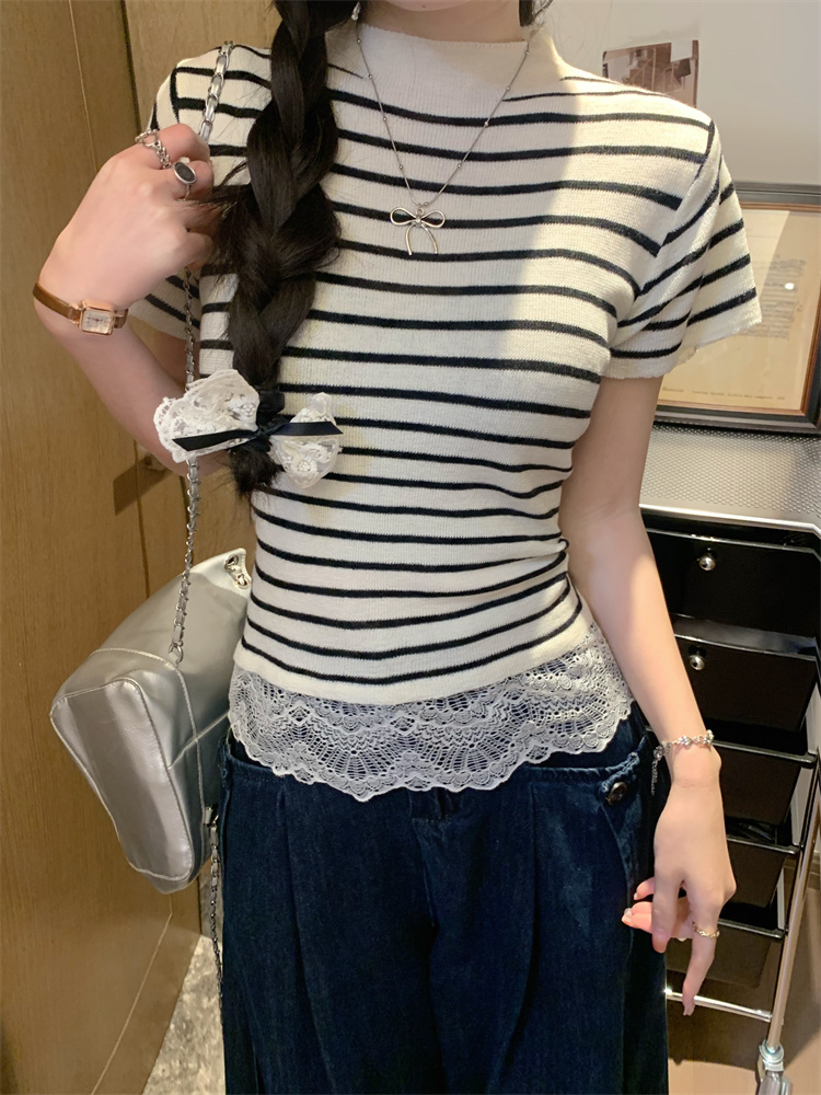 天貓質量法式蕾絲拼接針織短袖女夏季設計感半高領修身上衣