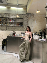 Real shot!  Outer wear belly-closing body shaping clothes hot girl fish bone vest two-piece set low-waisted retro loose wide-leg pants