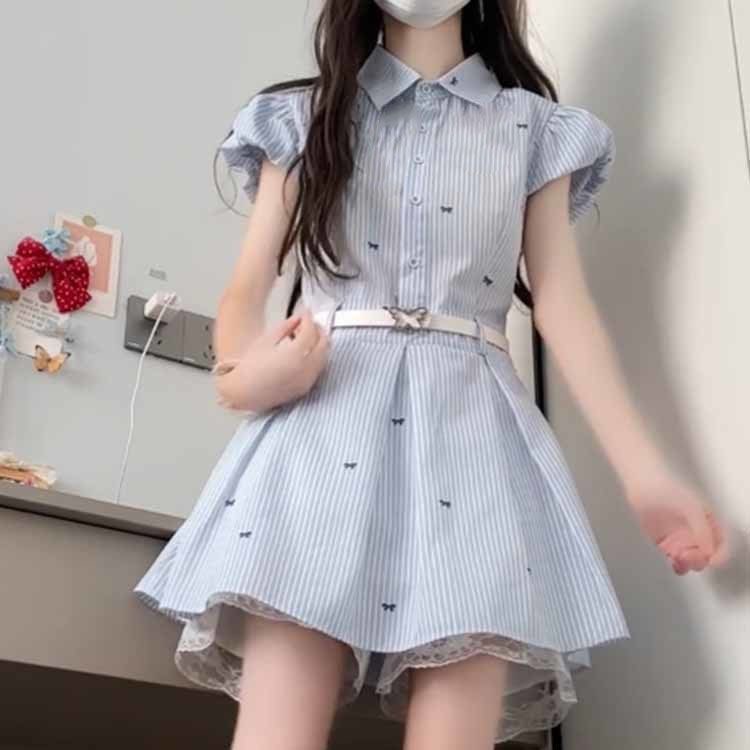 Korean-style summer 2025 new petite size blue striped shirt dress for children and girls, temperament high-waisted short skirt