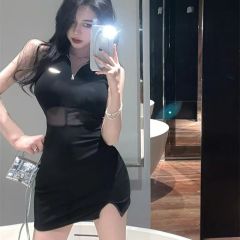 辣妹網紗拼接翻領黑色無袖背心連衣裙女夏季收腰開叉性感包臀短裙