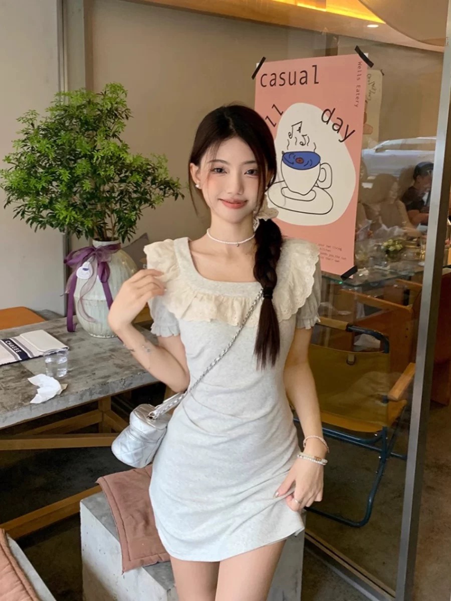 法式蕾絲拼接半袖連衣裙2025新款夏季小個子梨形半身短裙子