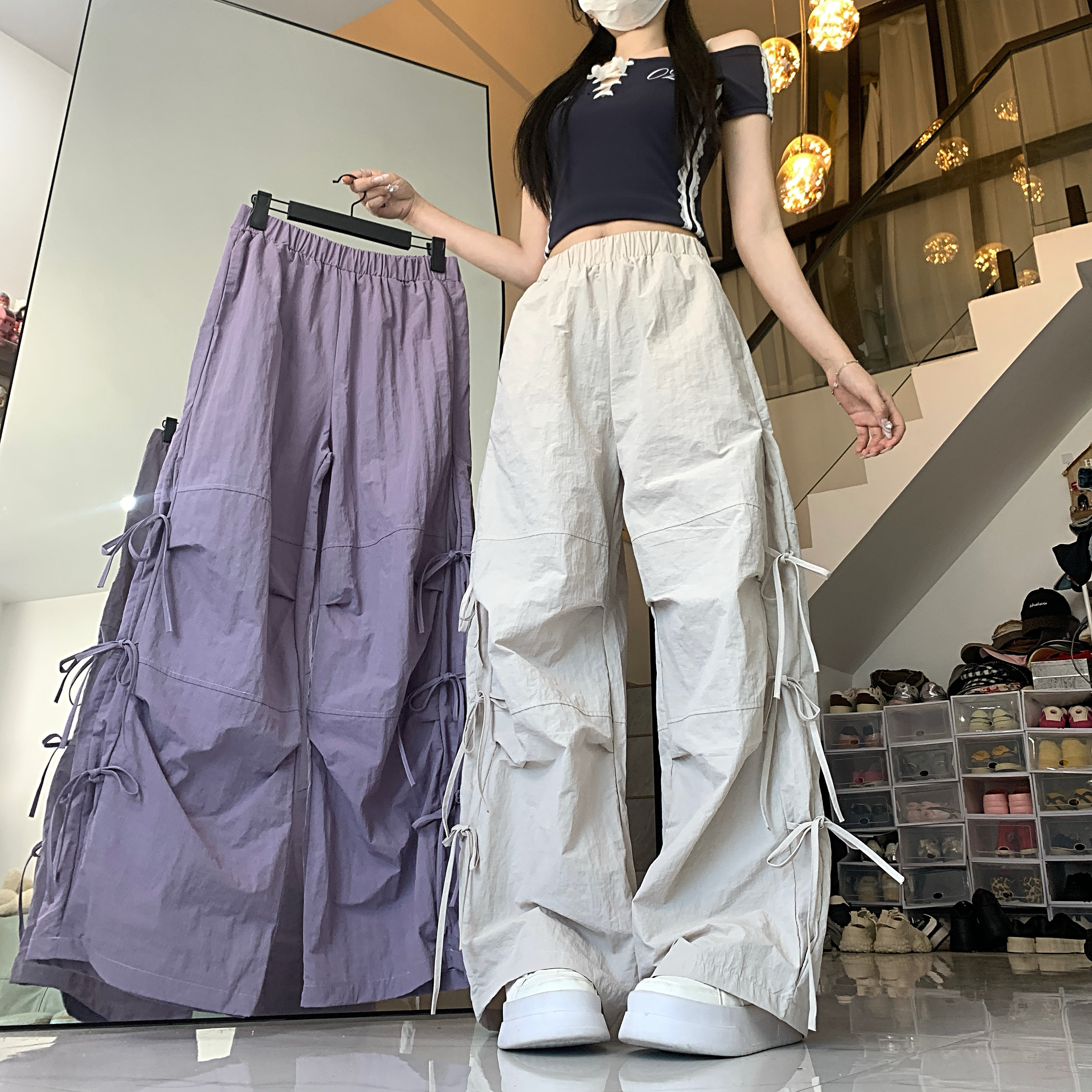 實拍美式側邊綁帶工裝褲女春夏褶皺設計休閒降落傘小個子運動褲潮