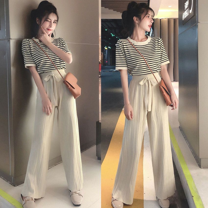 2025 summer new Korean style fashion large-size wide-leg pants short-sleeved casual two-piece set
