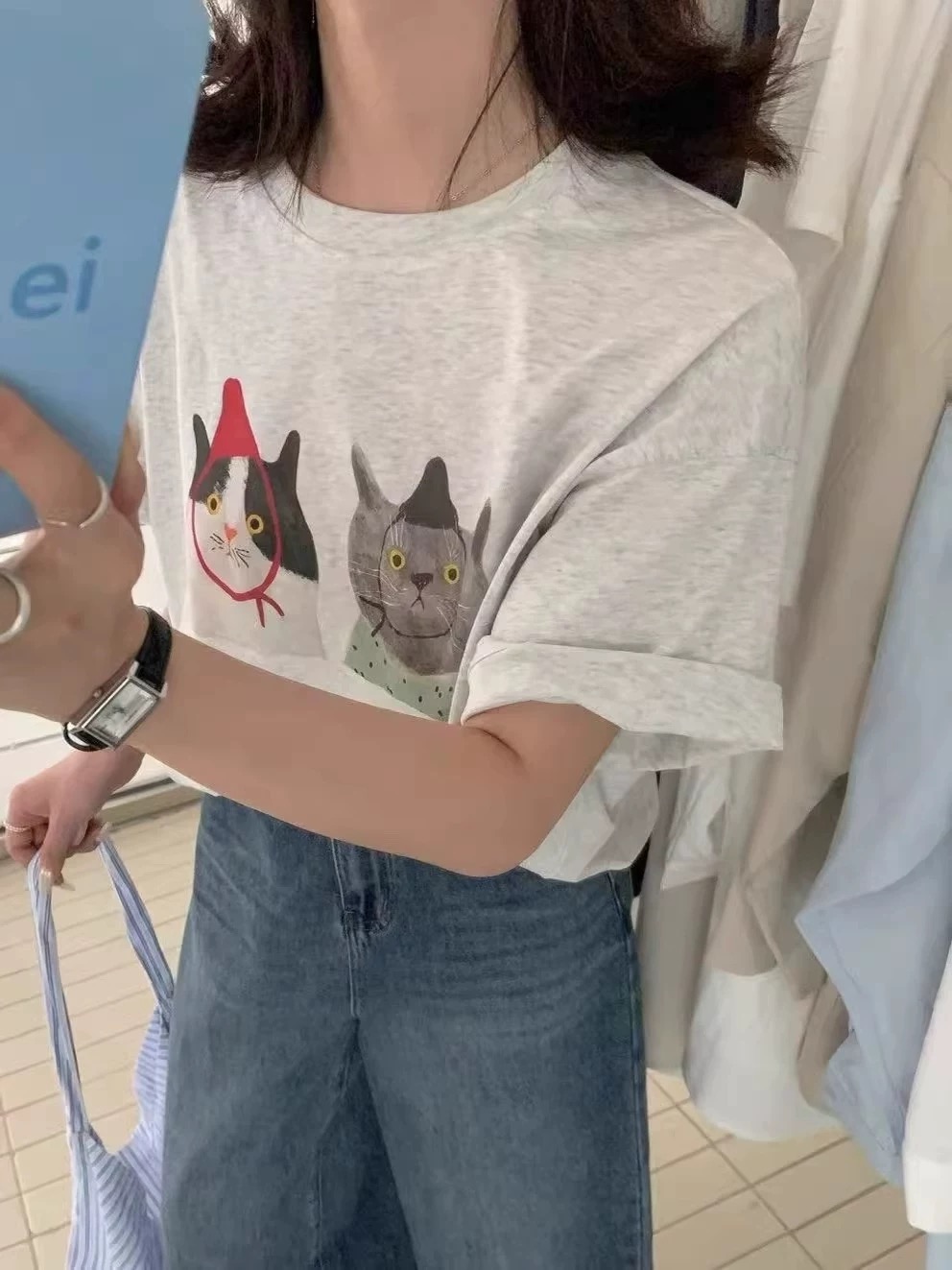 200g combed and tight spun in 2025, pure cotton back bag strip, spring and summer loose shoulder printed short-sleeved T-shirt