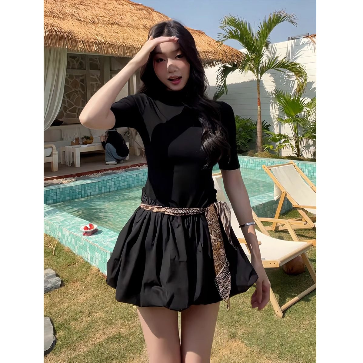 法式赫本風黑色半袖連衣裙女夏季新款時尚小眾設計修身顯瘦蓬蓬裙