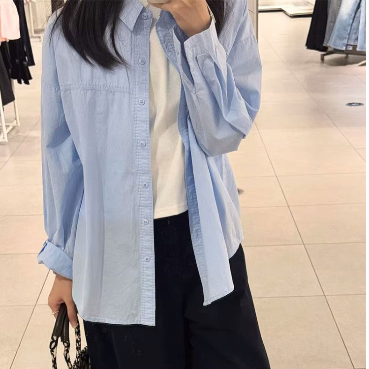 純棉韓系寬鬆慵懶風藍色襯衫女春秋長袖休閒後背扣子設計襯衣外套