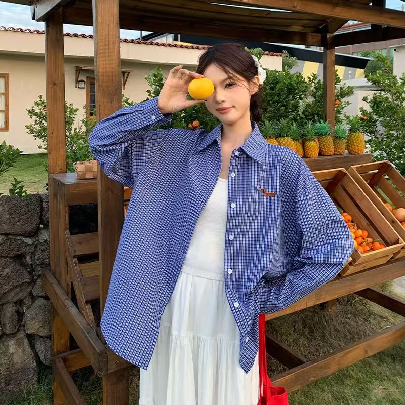 小狗刺繡設計感藍色格子襯衫女春夏韓系長袖慵懶翻領寬鬆百搭上衣