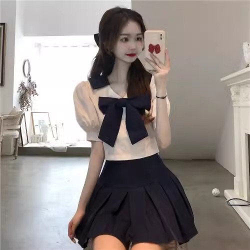 JK制服夏季設計感純欲風短款顯瘦上衣學院風日系甜美蝴蝶結襯衫女